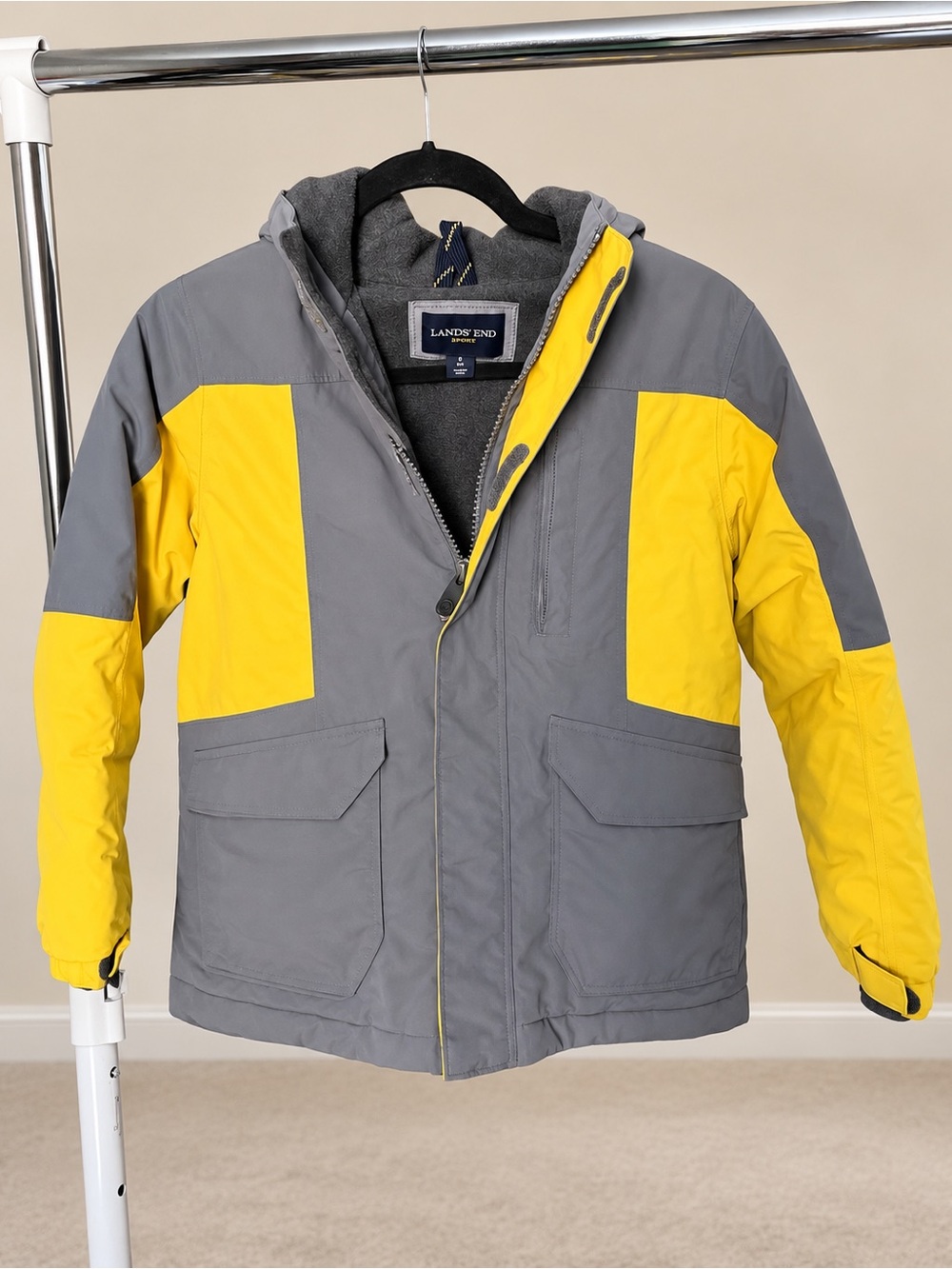 Lands' End Gray and Yellow Kids' Ski Jacket with Hood